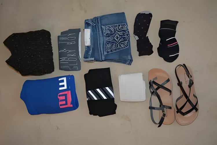 A few clothes laid out flat: everything one of our kids packed for a four-day trip